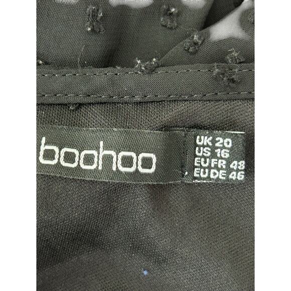Boohoo Dress Size 16 Black Ruffle Hem Dobby Chiffon Swiss Dots Long Sleeve Mini - Picture 7 of 12